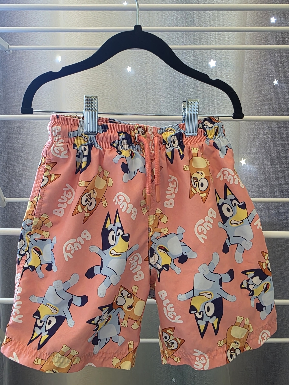 Coral Pink Bluey Character Print Elastic-Waist Swim Trunk